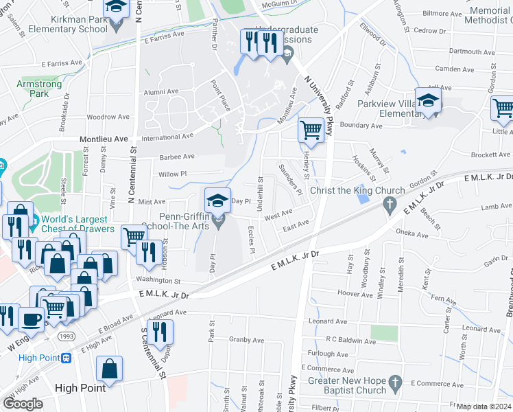 map of restaurants, bars, coffee shops, grocery stores, and more near 209 Underhill Street in High Point