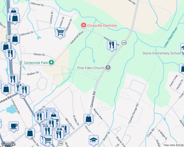 map of restaurants, bars, coffee shops, grocery stores, and more near 409 Village Lane in Crossville
