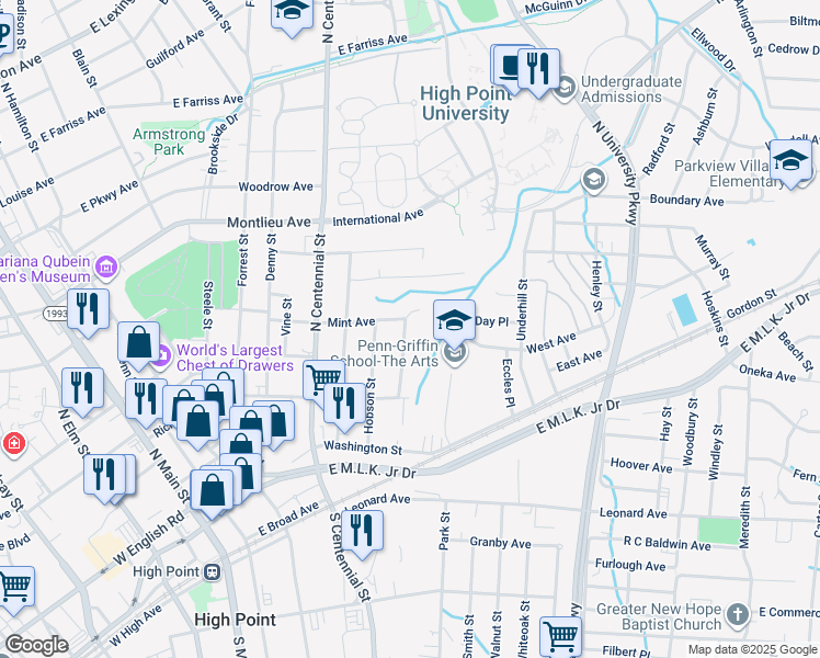 map of restaurants, bars, coffee shops, grocery stores, and more near 414 Cedar Street in High Point