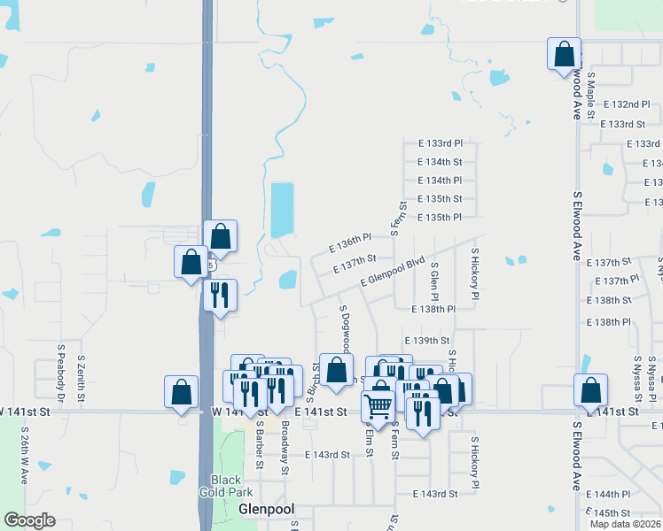 map of restaurants, bars, coffee shops, grocery stores, and more near 278 East 136th Place in Glenpool