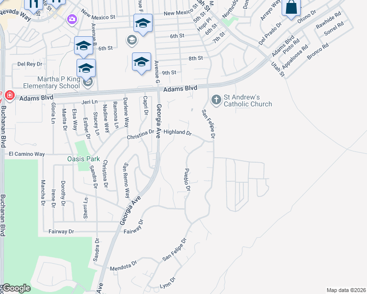 map of restaurants, bars, coffee shops, grocery stores, and more near 1405 Highland Drive in Boulder City