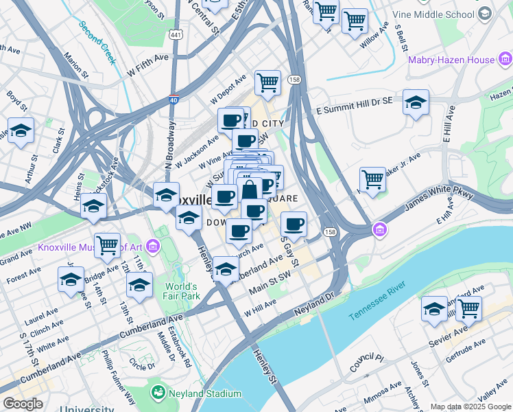 map of restaurants, bars, coffee shops, grocery stores, and more near in Knoxville