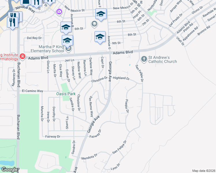 map of restaurants, bars, coffee shops, grocery stores, and more near 701 Capri Drive in Boulder City