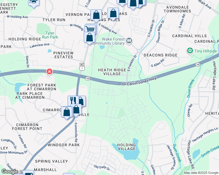 map of restaurants, bars, coffee shops, grocery stores, and more near 605 Hyperion Alley in Wake Forest