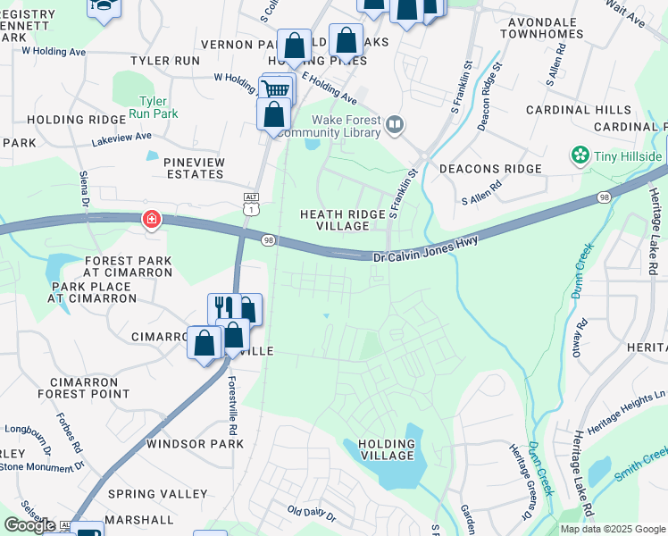 map of restaurants, bars, coffee shops, grocery stores, and more near 605 Hyperion Alley in Wake Forest