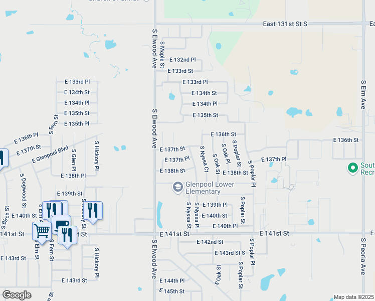 map of restaurants, bars, coffee shops, grocery stores, and more near 1171 East 137th Street in Glenpool