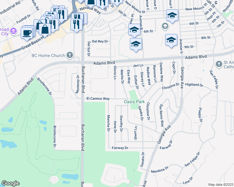 map of restaurants, bars, coffee shops, grocery stores, and more near 1413 Gloria Lane in Boulder City