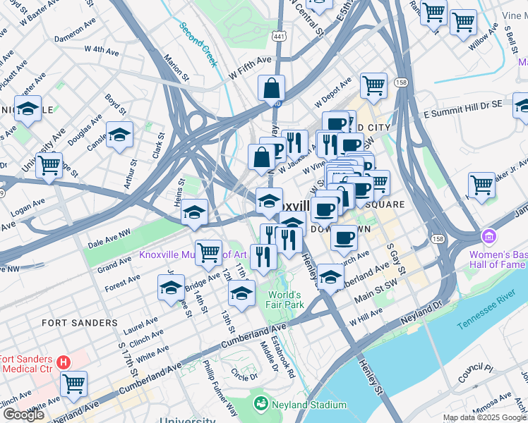 map of restaurants, bars, coffee shops, grocery stores, and more near 715 Western Avenue in Knoxville