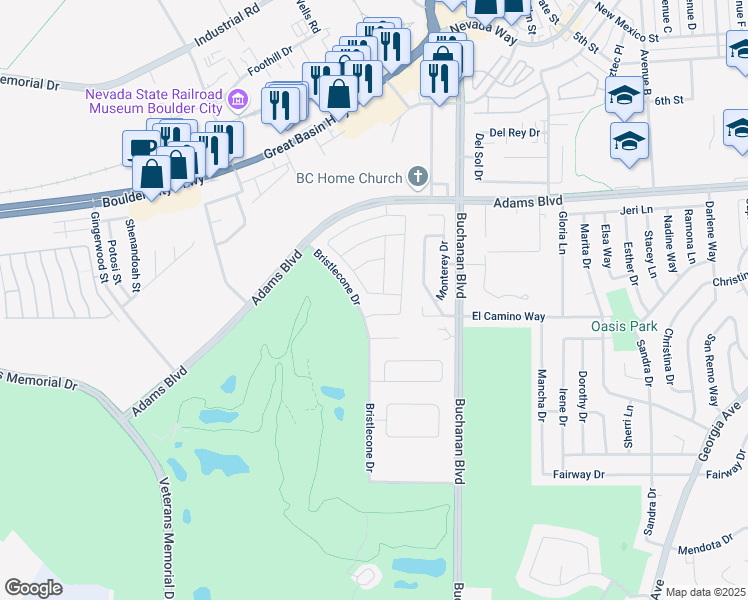 map of restaurants, bars, coffee shops, grocery stores, and more near 1523 Great Sands Street in Boulder City