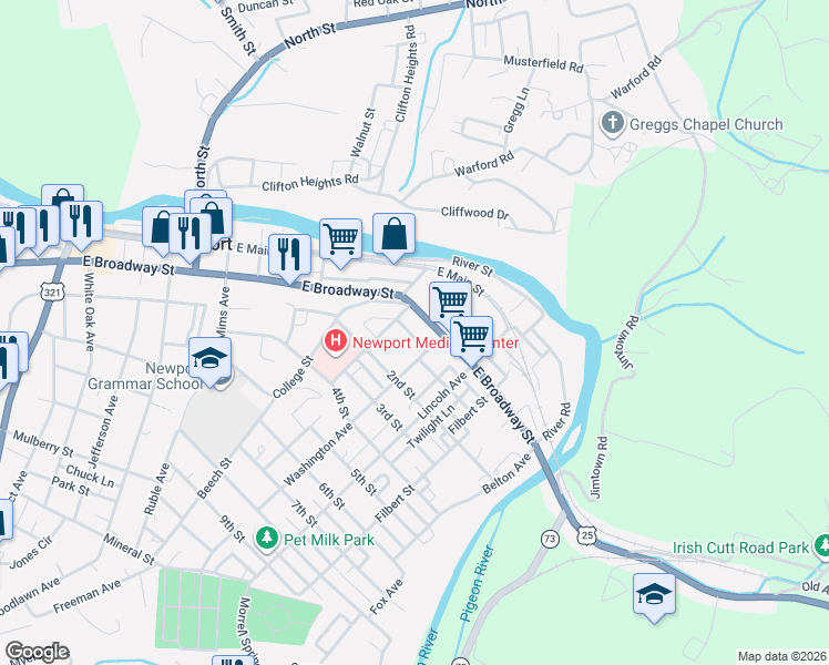 map of restaurants, bars, coffee shops, grocery stores, and more near 501 East Broadway Street in Newport
