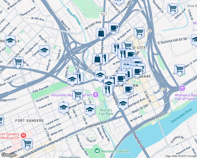 map of restaurants, bars, coffee shops, grocery stores, and more near 715 Western Avenue in Knoxville