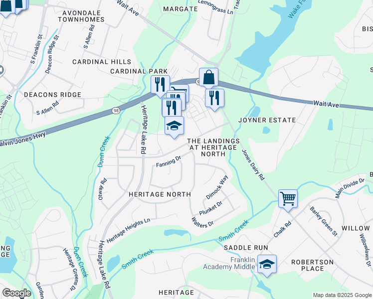 map of restaurants, bars, coffee shops, grocery stores, and more near 1248 Fanning Drive in Wake Forest