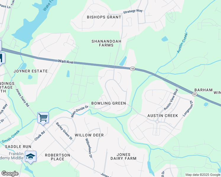 map of restaurants, bars, coffee shops, grocery stores, and more near 304 Trout Valley Road in Wake Forest