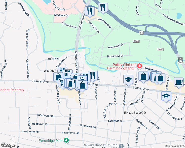 map of restaurants, bars, coffee shops, grocery stores, and more near 3430 Sunset Avenue in Rocky Mount