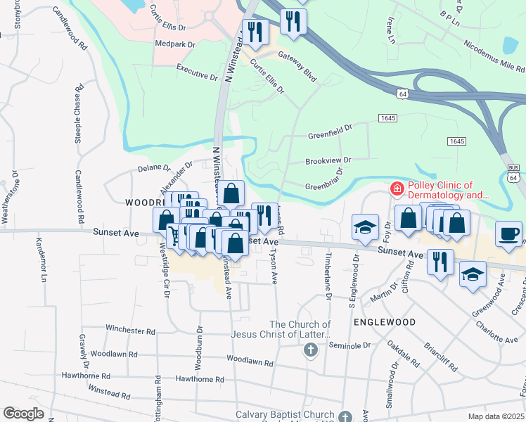 map of restaurants, bars, coffee shops, grocery stores, and more near 121 Jones Road in Rocky Mount