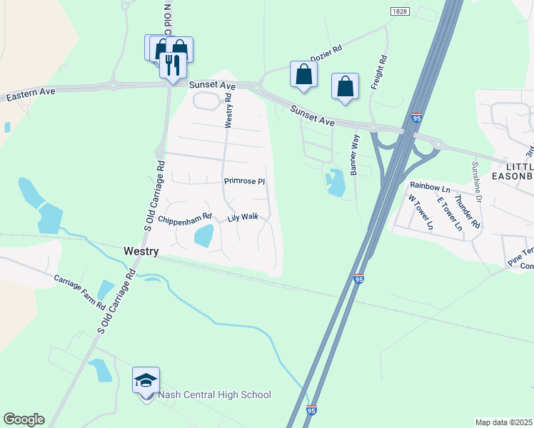 map of restaurants, bars, coffee shops, grocery stores, and more near 4601 Plum Place in Rocky Mount