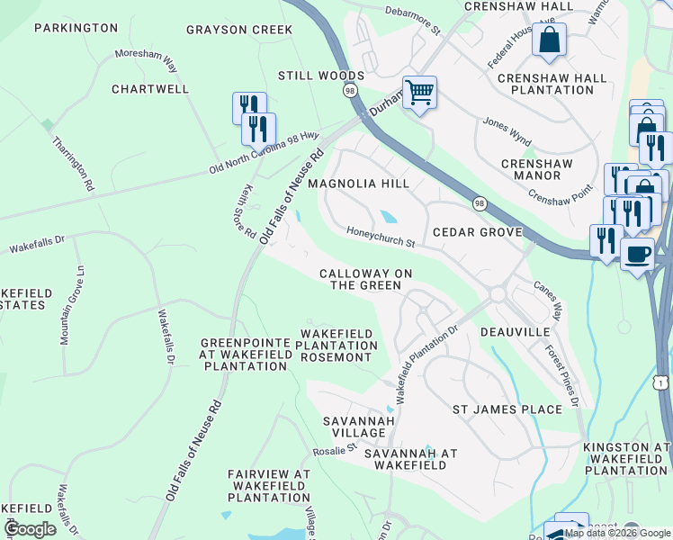 map of restaurants, bars, coffee shops, grocery stores, and more near 2521 Garden Hill Drive in Raleigh