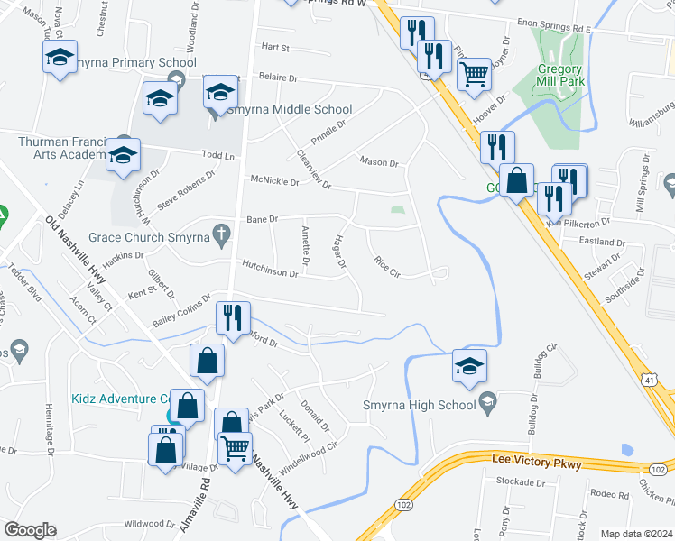 map of restaurants, bars, coffee shops, grocery stores, and more near 121 Hutchinson Drive in Smyrna