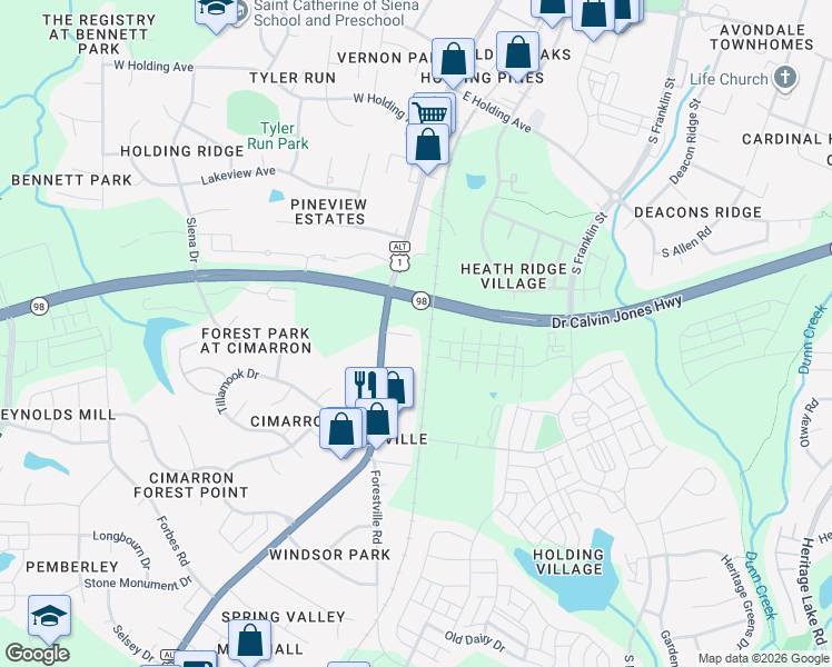 map of restaurants, bars, coffee shops, grocery stores, and more near 1141 South Main Street in Wake Forest