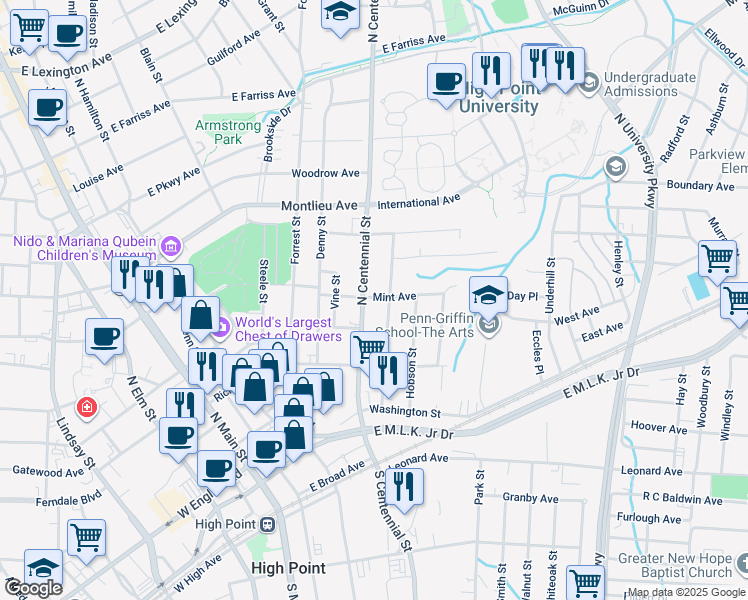map of restaurants, bars, coffee shops, grocery stores, and more near 704 Mint Avenue in High Point