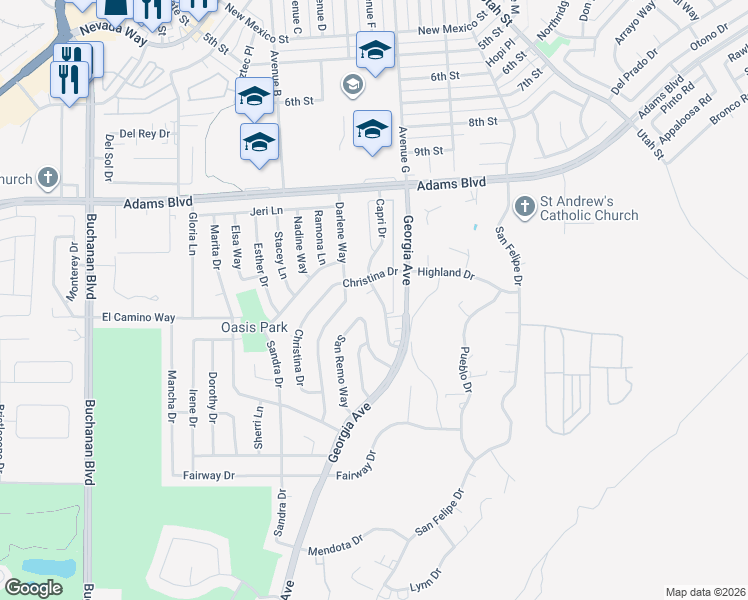 map of restaurants, bars, coffee shops, grocery stores, and more near 701 Capri Drive in Boulder City