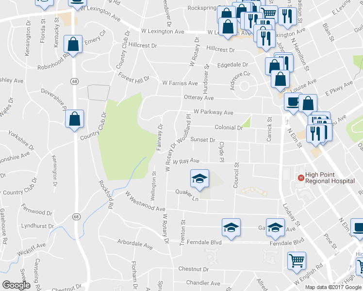 map of restaurants, bars, coffee shops, grocery stores, and more near 1214 Woodland Place in High Point