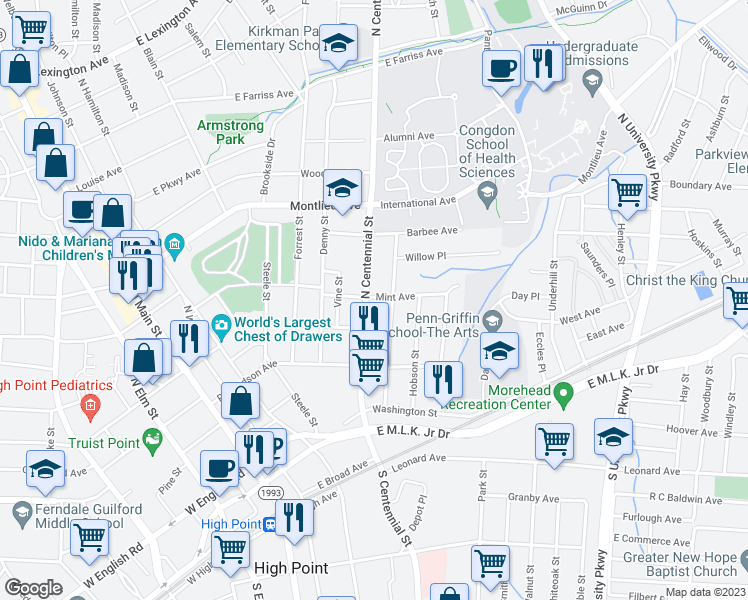 map of restaurants, bars, coffee shops, grocery stores, and more near 704 Mint Avenue in High Point