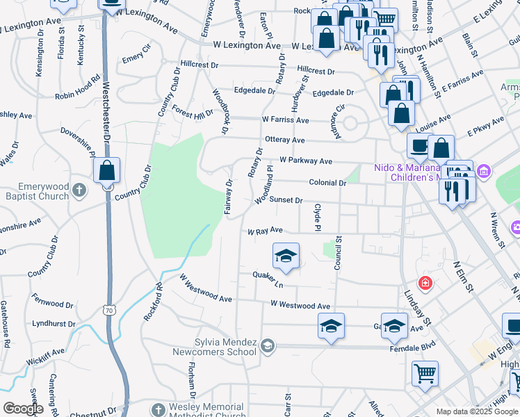 map of restaurants, bars, coffee shops, grocery stores, and more near 1214 Woodland Place in High Point