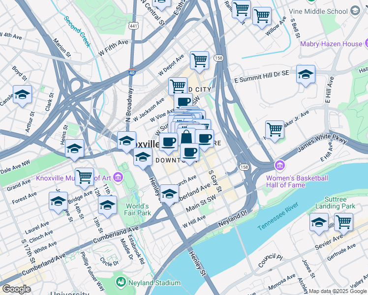 map of restaurants, bars, coffee shops, grocery stores, and more near 18 Market Square in Knoxville