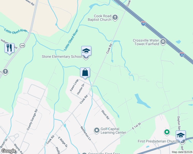 map of restaurants, bars, coffee shops, grocery stores, and more near 1198 Cook Road in Crossville