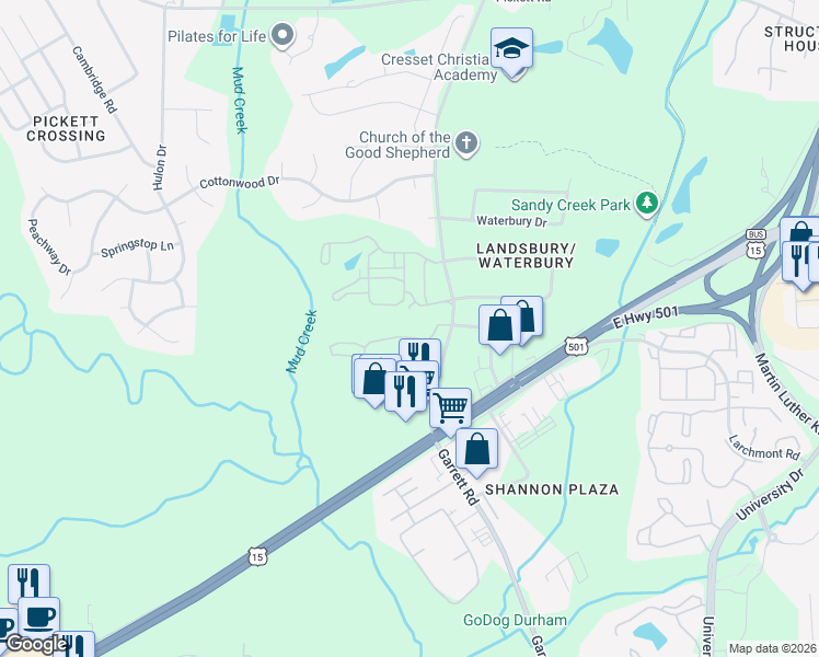 map of restaurants, bars, coffee shops, grocery stores, and more near 4130 Garrett Road in Durham