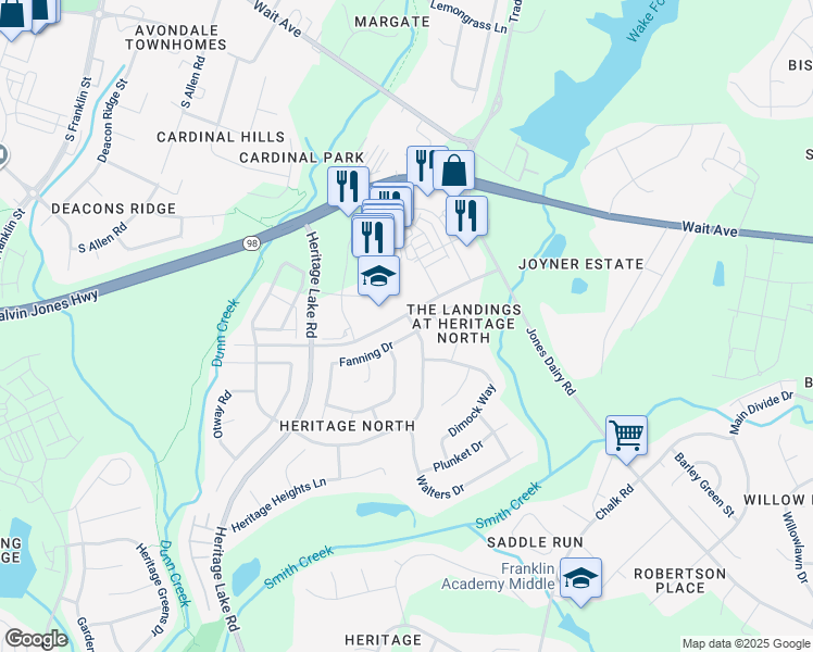 map of restaurants, bars, coffee shops, grocery stores, and more near 1248 Fanning Drive in Wake Forest
