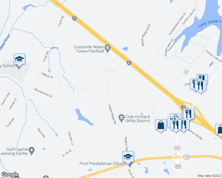 map of restaurants, bars, coffee shops, grocery stores, and more near 318 Hyder Ridge Road in Crossville