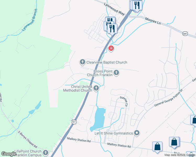map of restaurants, bars, coffee shops, grocery stores, and more near 522 Franklin Road in Franklin