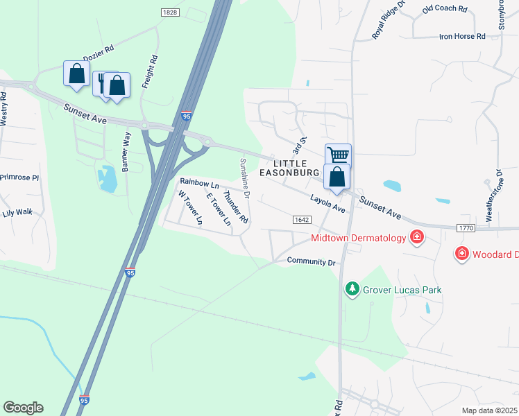 map of restaurants, bars, coffee shops, grocery stores, and more near Carroll Avenue in Rocky Mount