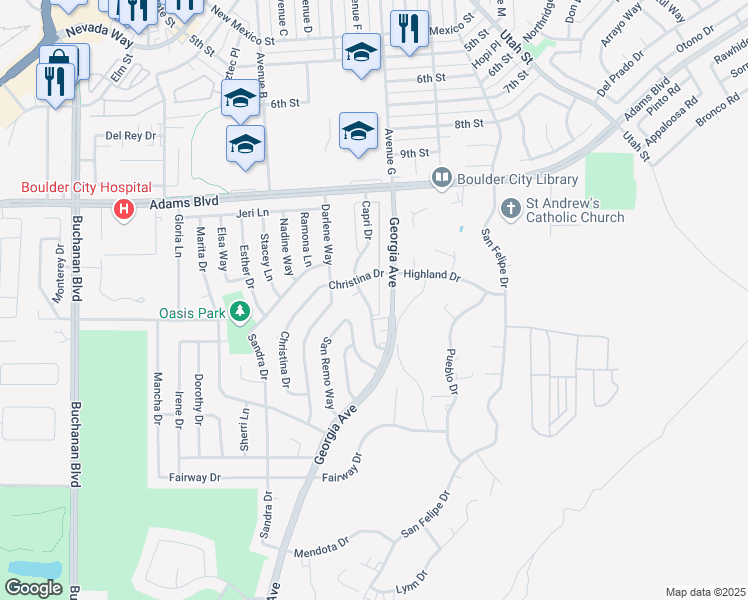 map of restaurants, bars, coffee shops, grocery stores, and more near 701 Capri Drive in Boulder City