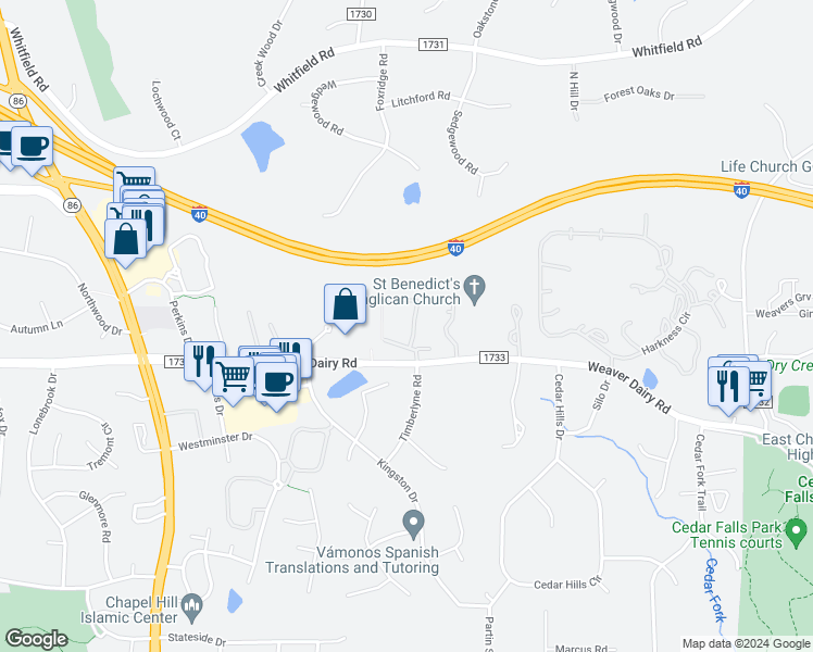 map of restaurants, bars, coffee shops, grocery stores, and more near 115 Schultz Street in Chapel Hill