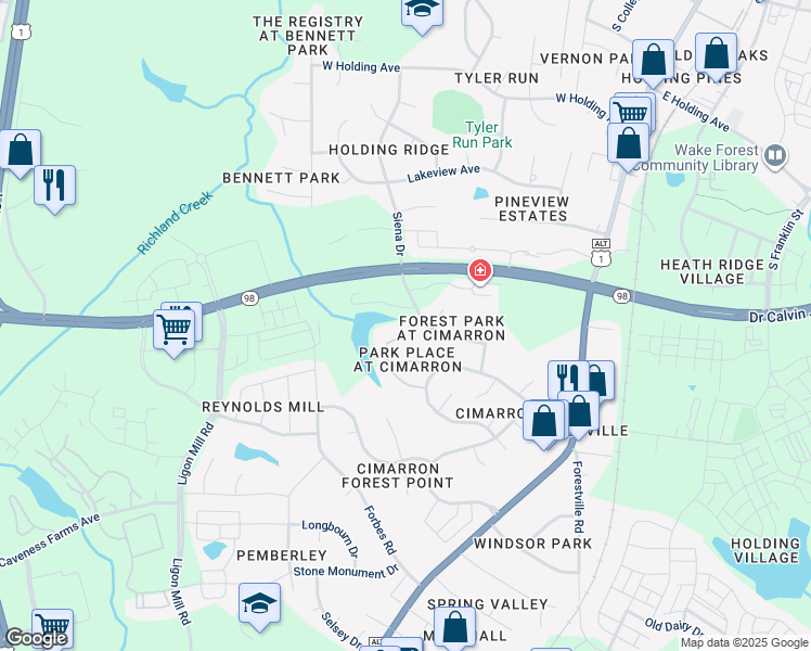 map of restaurants, bars, coffee shops, grocery stores, and more near 1204 Miracle Drive in Wake Forest