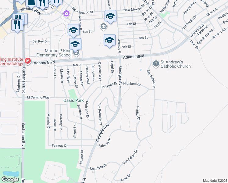 map of restaurants, bars, coffee shops, grocery stores, and more near 701 Capri Drive in Boulder City