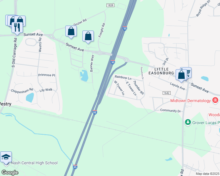 map of restaurants, bars, coffee shops, grocery stores, and more near Interstate 95 in Rocky Mt