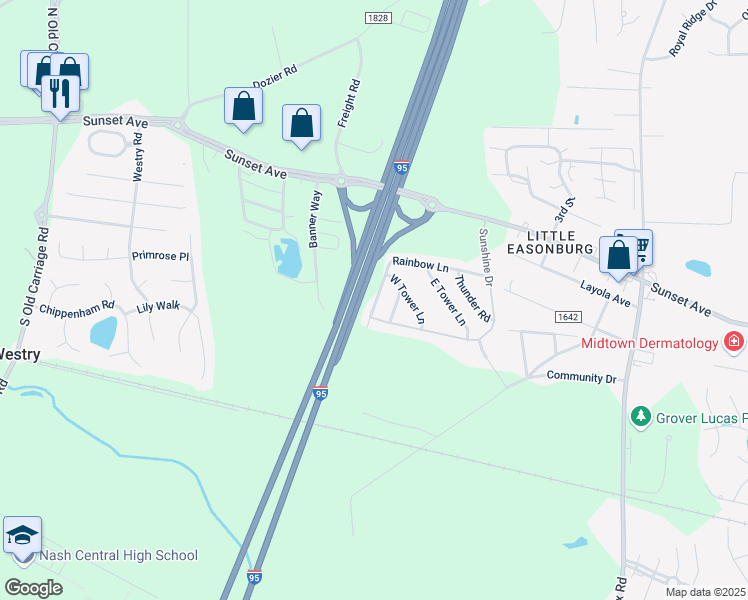 map of restaurants, bars, coffee shops, grocery stores, and more near Interstate 95 in Rocky Mt