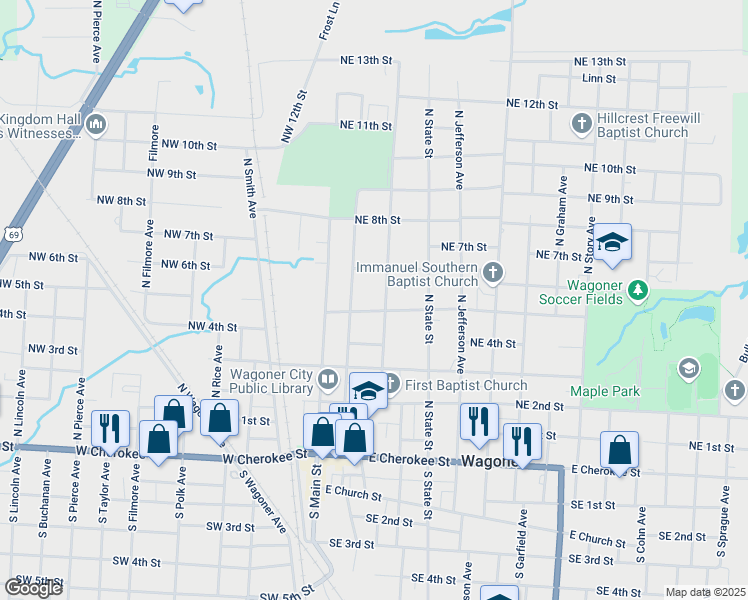 map of restaurants, bars, coffee shops, grocery stores, and more near 601 North Parkinson Avenue in Wagoner