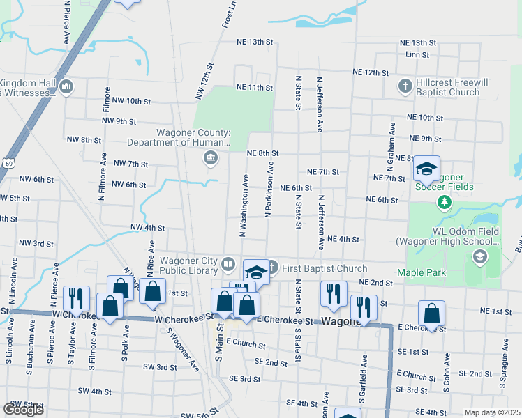 map of restaurants, bars, coffee shops, grocery stores, and more near 601 North Parkinson Avenue in Wagoner