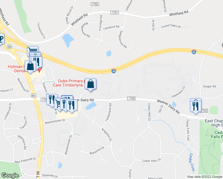 map of restaurants, bars, coffee shops, grocery stores, and more near 102 Schultz Street in Chapel Hill
