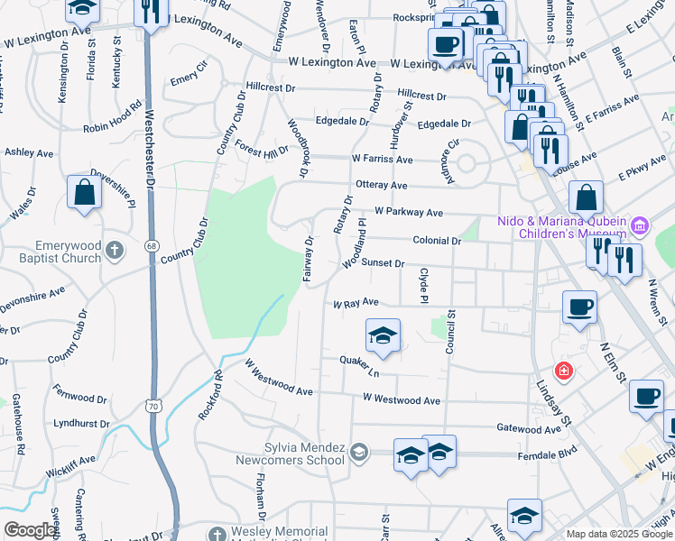 map of restaurants, bars, coffee shops, grocery stores, and more near 1122 North Rotary Drive in High Point