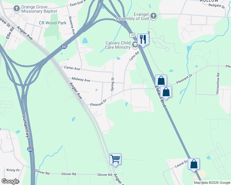 map of restaurants, bars, coffee shops, grocery stores, and more near 712 Pleasant Drive in Durham