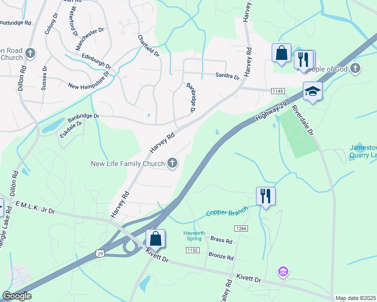 map of restaurants, bars, coffee shops, grocery stores, and more near 5202 Cotton Mill Lane in Jamestown