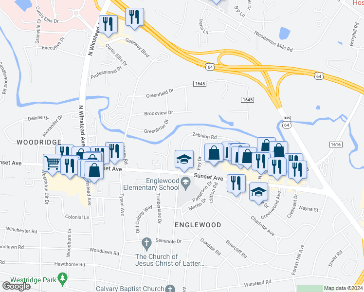 map of restaurants, bars, coffee shops, grocery stores, and more near North Englewood Drive in Rocky Mount