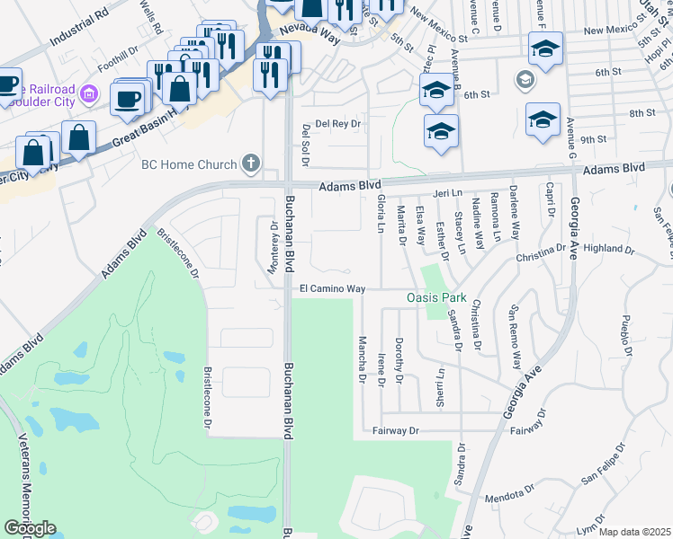 map of restaurants, bars, coffee shops, grocery stores, and more near 1499 Medical Park Drive in Boulder City