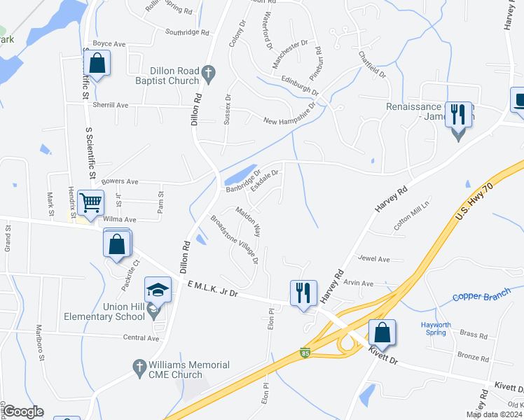 map of restaurants, bars, coffee shops, grocery stores, and more near 1692 Shorewell Drive in High Point